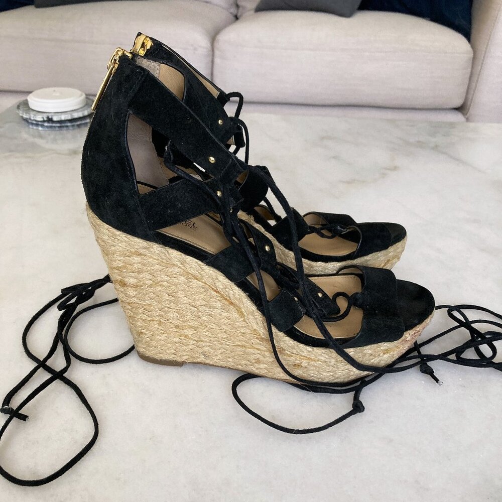Michael Kors black & tan lace up platform wedge sandals / high heels / shoes
